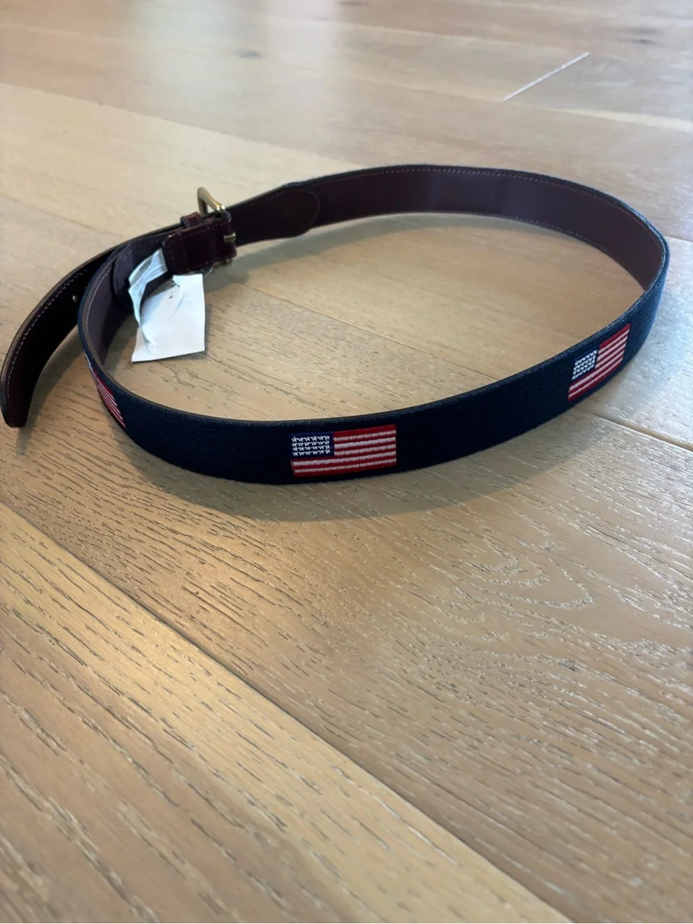 J. Crew Embroidered American flag belt Sz 34 NWT Navy Leather USA patriotic mens